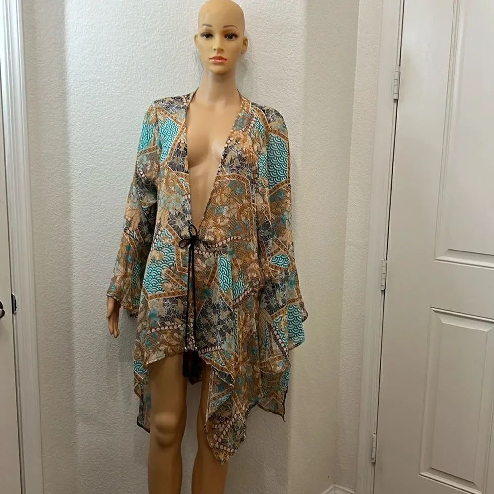 La Vayna 3X Top Scarf Floral Kaftan Silver Tassel Tie Hankerchief Hem Bell Sleev